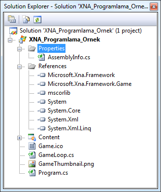 XNA Projesi Solution Explorer Penceresi